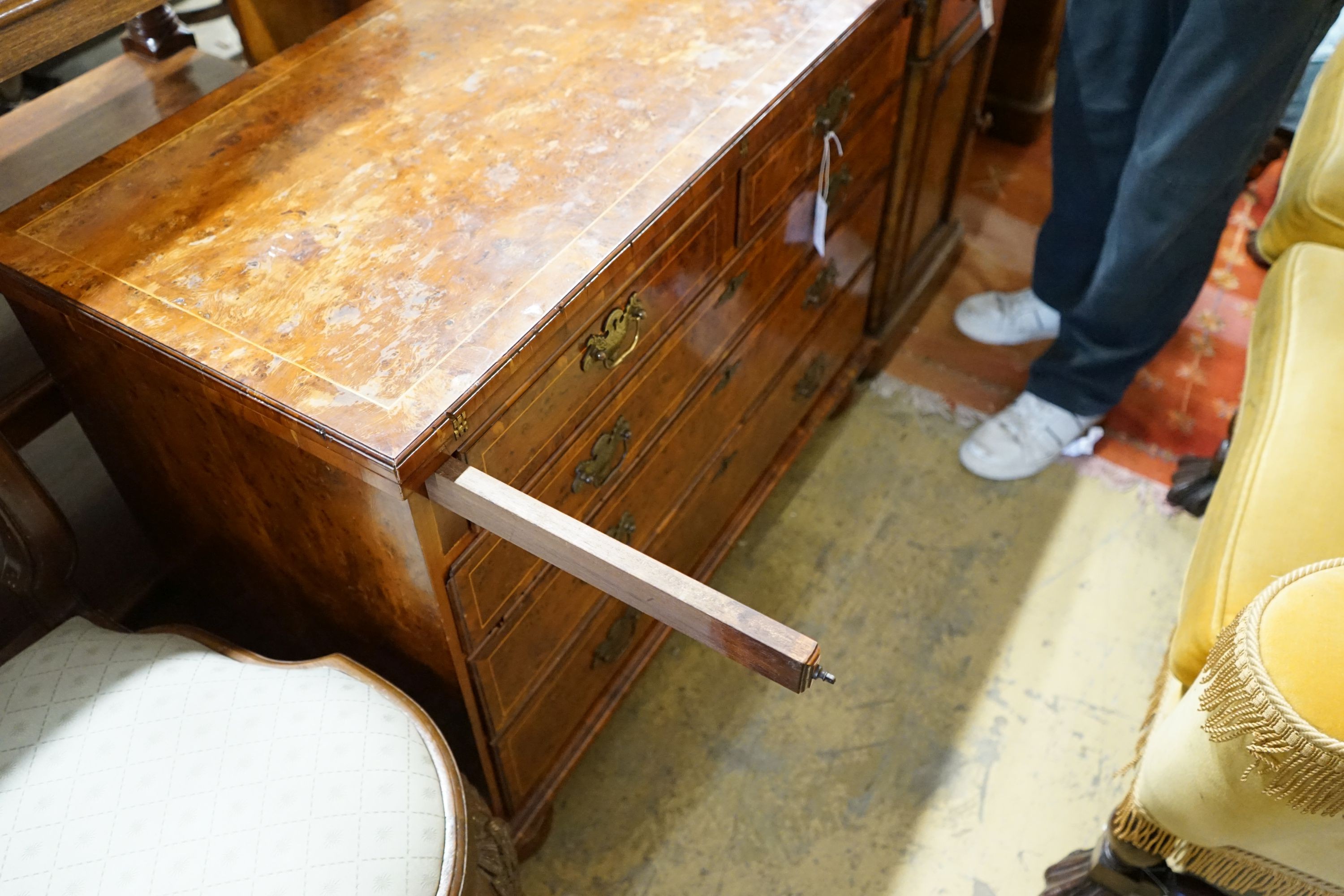 A reproduction George I style burr walnut bachelor's chest, width 96cm, depth 48cm, height 74cm